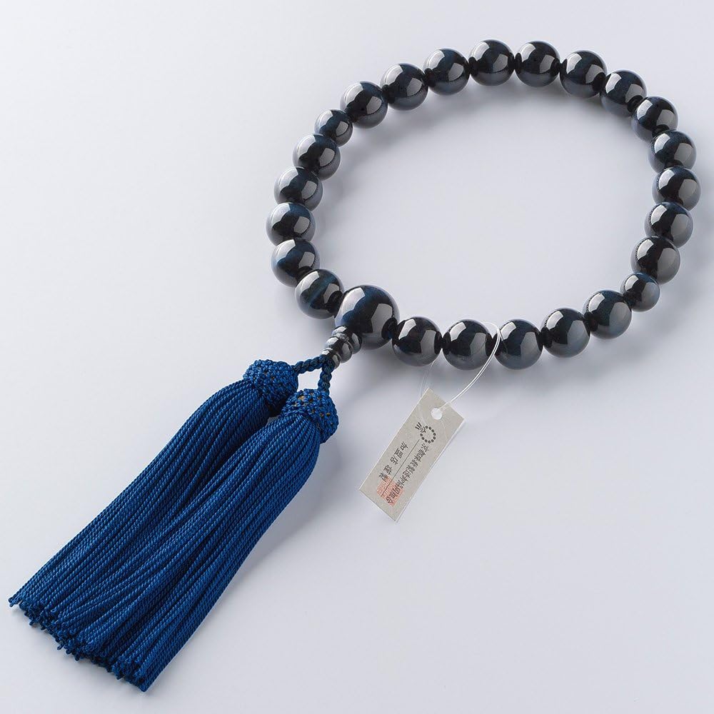 [Buddhist Altar Shop Takita Shoten] Kyoto Prayer Beads for Men, Blue Tiger Eye Stone, 22 Beads, Pure Silk Head Tassel, Bead Bag Included, Men's Prayer Beads that Can Be Used by All Sects, Certificate Included