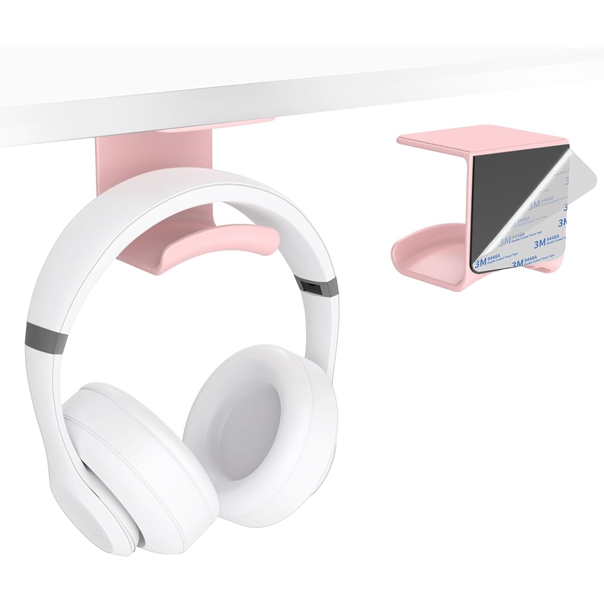 HomeMount Headphone Hook Under Desk - Under Table Headphone Holder Adhesive Gaming Headphone Stand Hanger Desk Mount Fits Most Headphones (Pink)