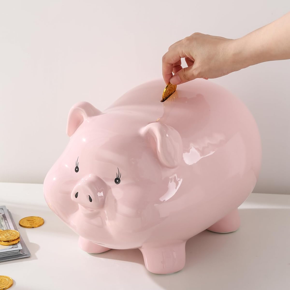 PIG WORLD 13" Large Piggy Bank for Adults, Piggy Bank for Kids, Piggy Bank for Boys, Ceramic Piggy Bank for Girls, Alcancias De Dinero para Adultos Coin Bank, Real Money Box for Cash Gifts, Secure Tip Jar