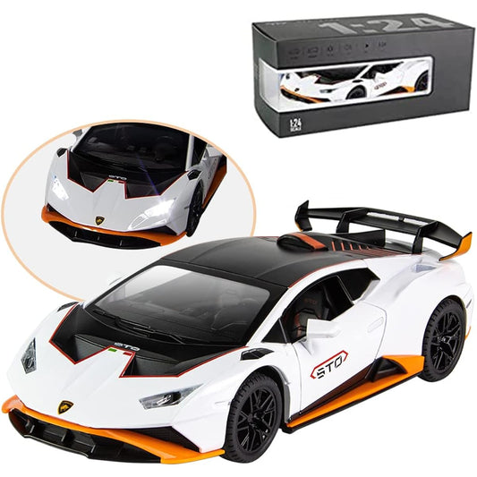 1:24 Alloy Diecast Car Model for Lamborghini Huracan STO 2021 Pull Back Vehicle Model Car Toys for Kids Ages 3 to 12 Gift Adult Collection Car Model with Light & Sound (White)
