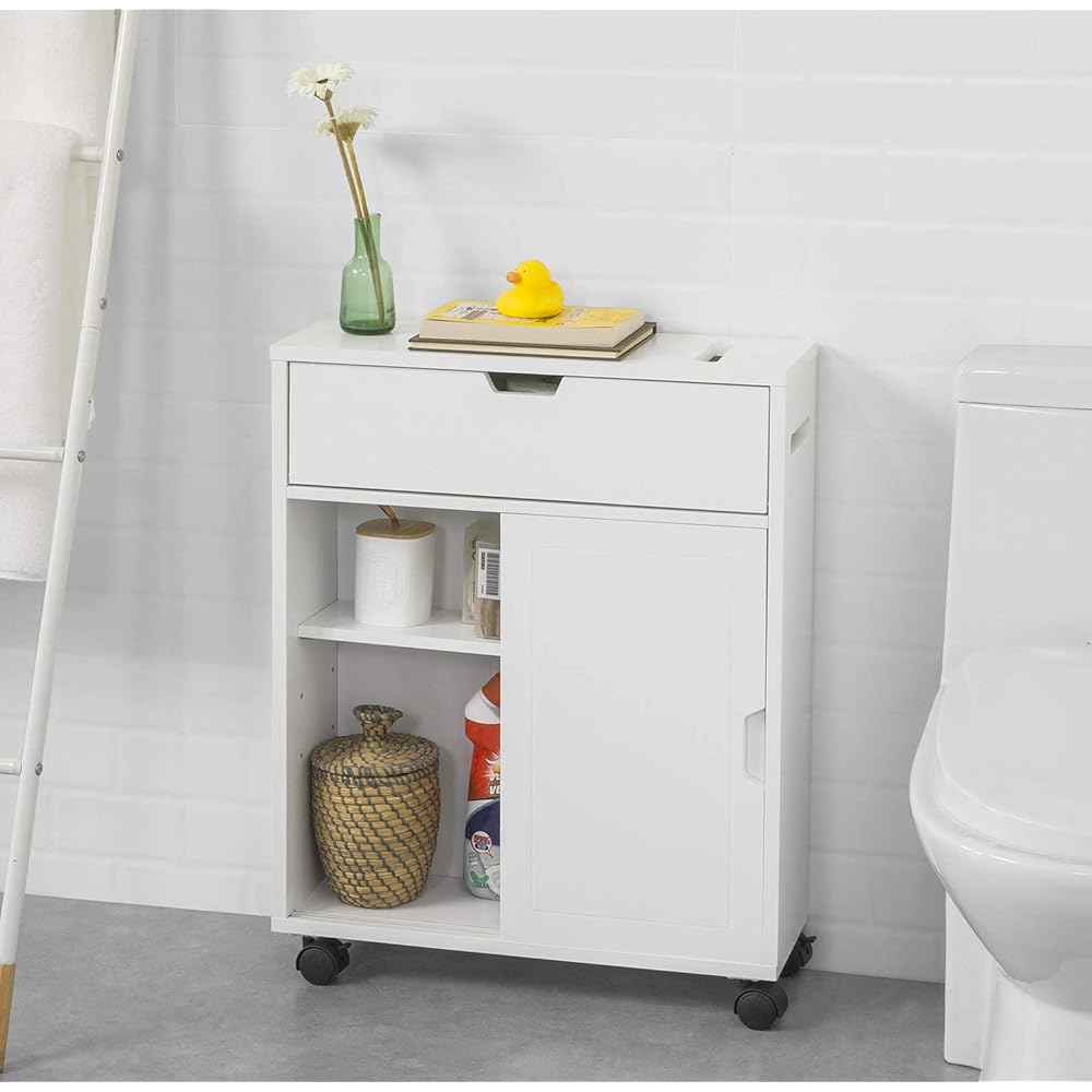 SoBuy Toilet Rack Toilet Storage Slim Gap Storage with Casters Brush Storage Toilet Paper Stocker Thin Scandinavian Style Stylish Gap Storage Slim Toilet Shelf (BZR31-W/Width 52 x Depth 17 x Height 67cm)
