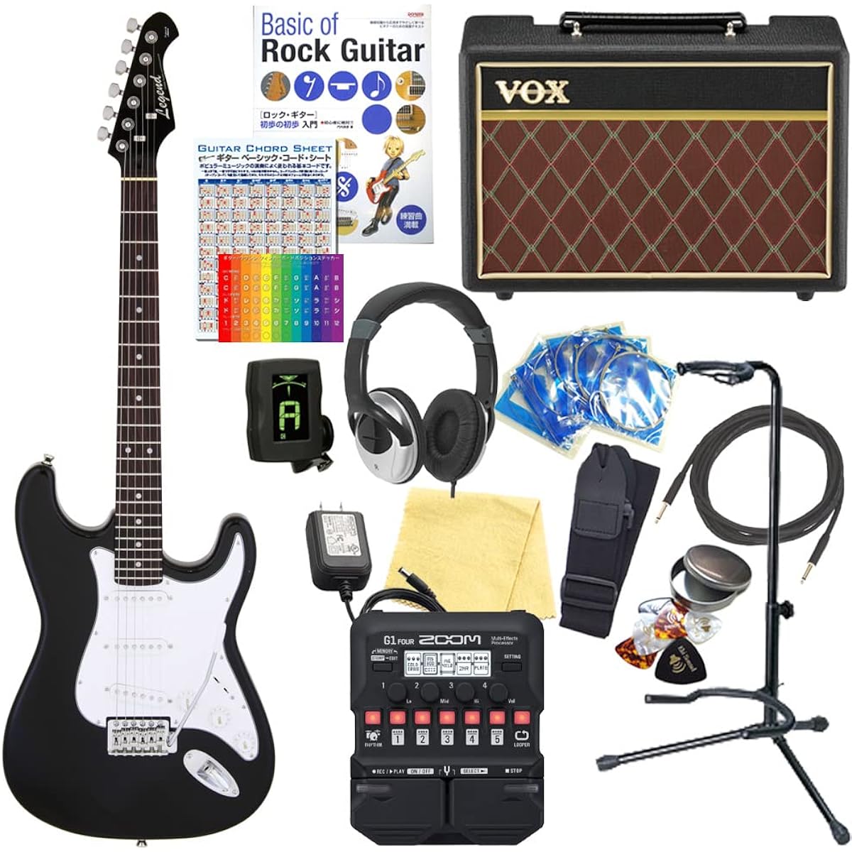 Electric guitar beginner set Stratocaster type 18-piece set with VOX amp Legend LST-Z BKBK [ZOOM G1Four multi-effector included]