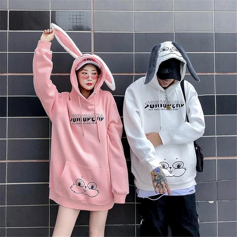 [JUTAOPIN] Matching Look Couple Parka Fleece Lined Couple Matching Sweatshirt Pullover Men's Coat Jacket Long Sleeve Tops Women's Loose Large Size Outerwear Unisex White Black Pink Rabbit Ears L LL 3L
