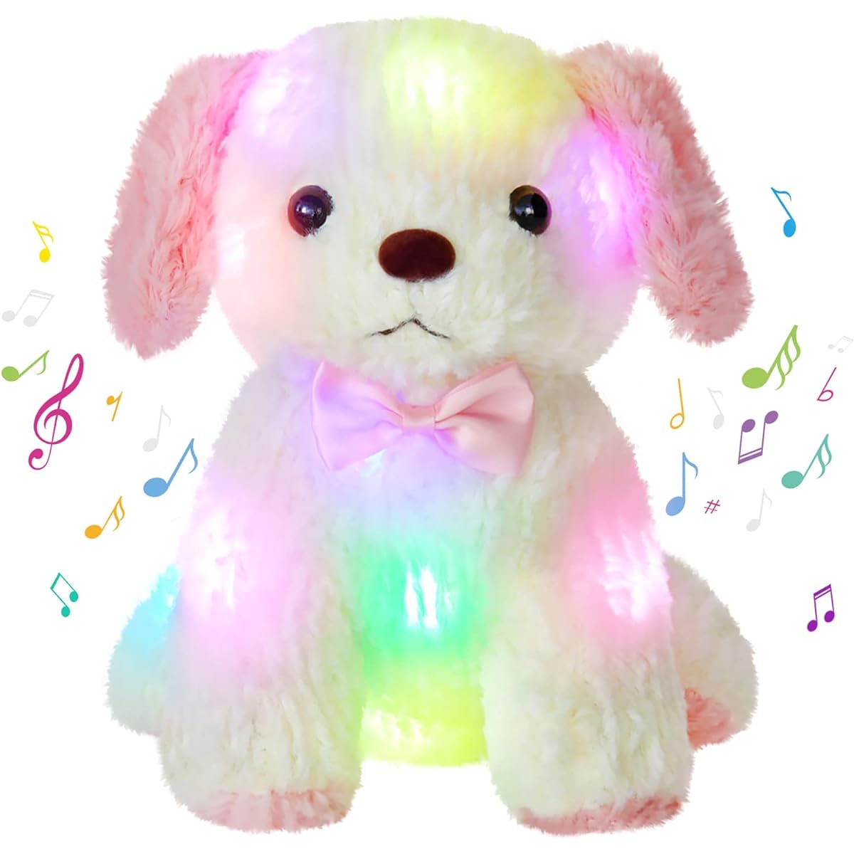 Glow Guard 10" LED Light Up Musical Dog Stuffed Animal Singing Colorful Cute Soft Plush Floppy Puppy Toy Glow in the Dark at Night Winter Christmas Birthday Gift for Kids Toddlers White