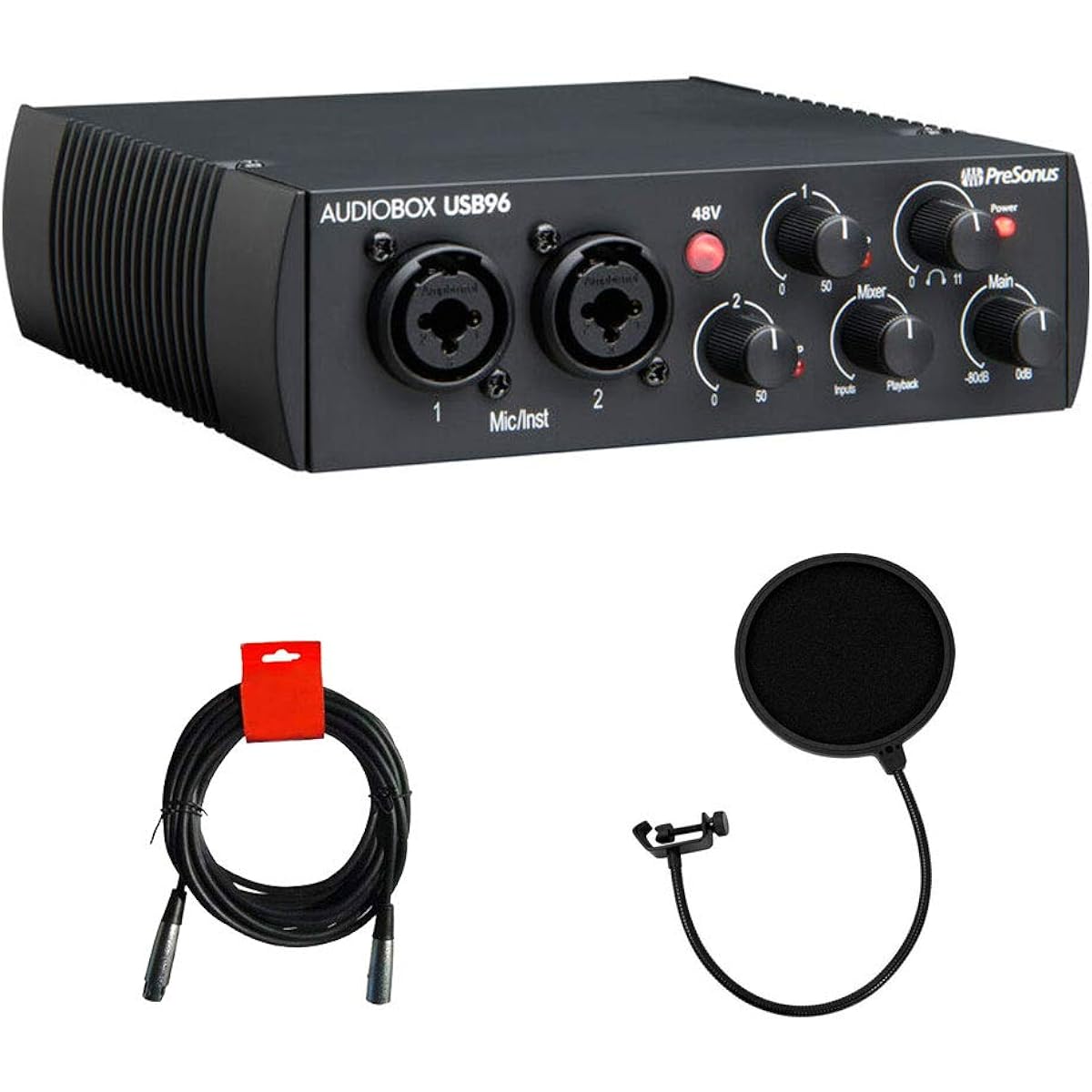 PreSonus AudioBox USB 96 2x2 USB Audio Interface (25th Anniversary Black) Pop Filter & XLR Cable Bundle