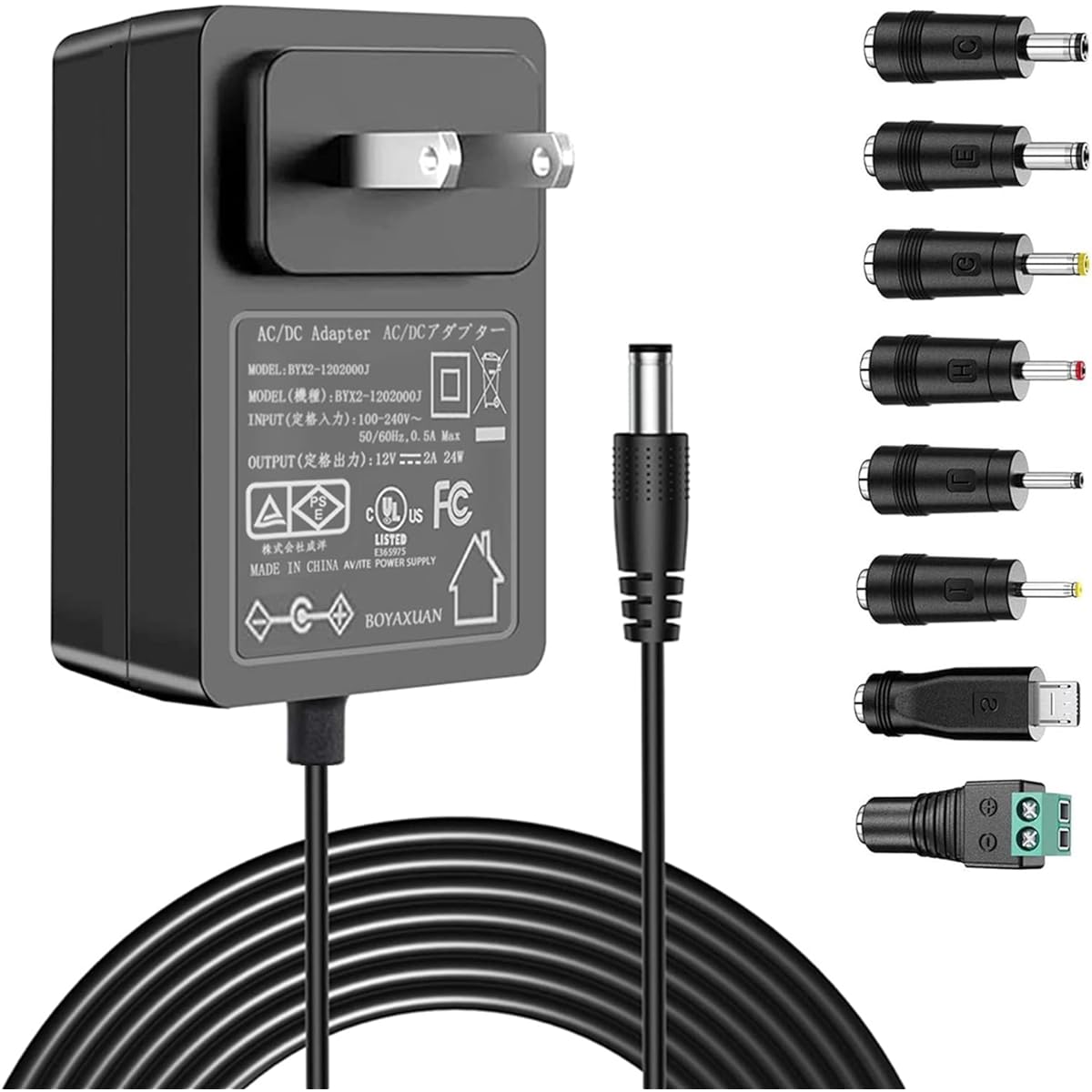 Geluorui UL AC Adapter 12V 2A Power Supply AC110V to DC12V 2000mA 1000mA 500mA 100mA Switching Power Adapter with 8 Plug Tips 5ft Cord 12V Wall Charger Transformer AC DC Adapter (DC12V~2A)