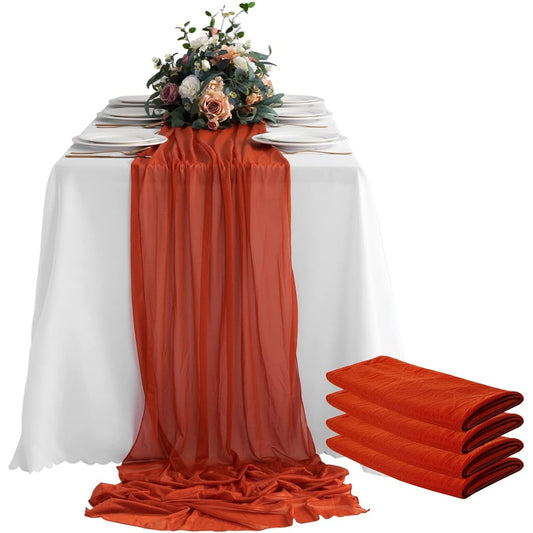 4 Pieces 13ft Chiffon Table Runner 30.3 x 157.5 Inch Wedding Table Runner Romantic Sheer Runner for Wedding Bridal Baby Shower Birthday Party Reception Cake Table Decoration (Terracotta)