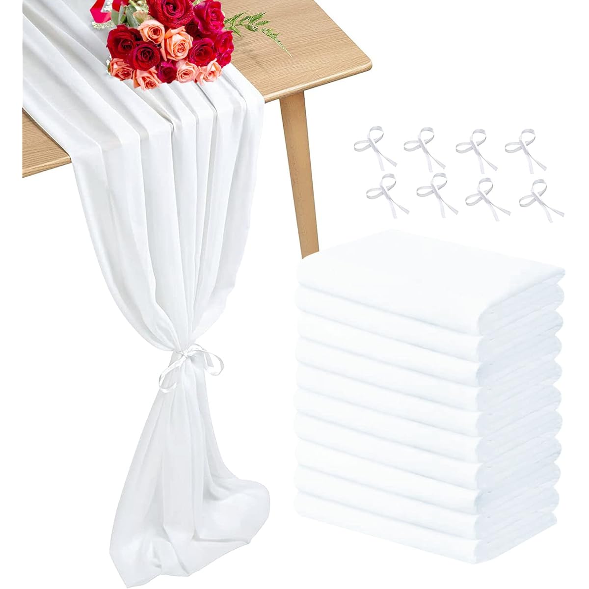Wedding Table Runner 10ft 29x120in White Chiffon Table Runner Sheer Table Runner Baby Shower Table Runner for Romantic Bridal Shower Birthday Party Decorations Pack of 10