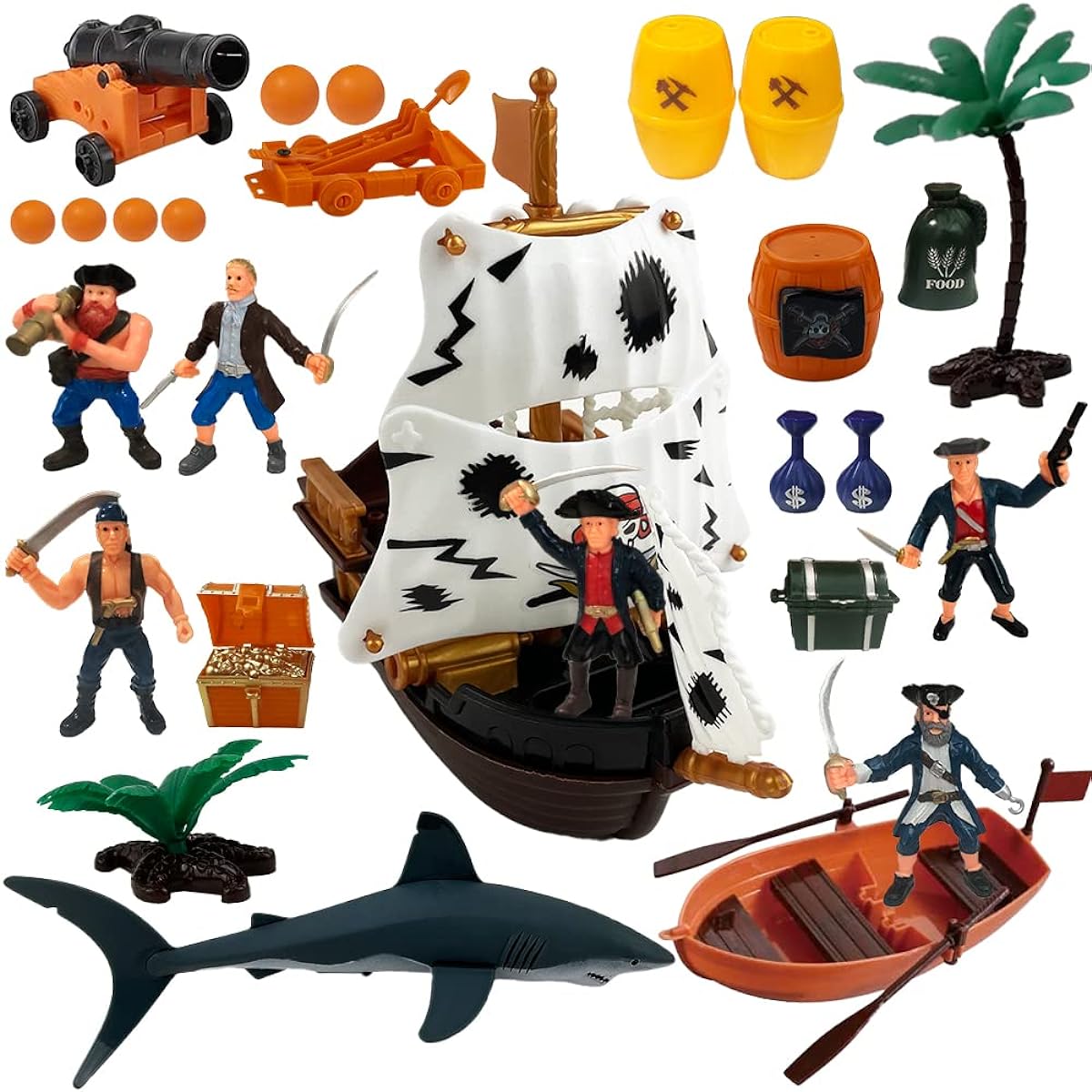 ArtCreativity Pirate Action Figure Playset, Pirate Playset with Action Figures, Pirate Ship Toy, Boat, Shark, Treasure Chest, Storage Box and More, Pirate Party Decorations, Cake Topper, Gift