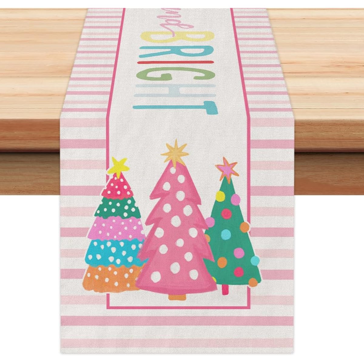 GEEORY Christmas Table Runner 13 x 72 Inch Pink Striped Tree Cheerful Bright Christmas Decoration Farmhouse Table Decoration for Kitchen Dining Indoor Outdoor Dinner Party GT125-72