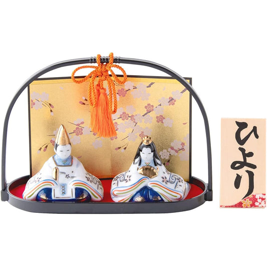 Compact mini Hina dolls, ceramic, prince and princess decoration, dyed cotton hand basket dolls (with large basket and folding screen), Yakushi kiln, personalized, wooden name tag (sent separately), S, crimson red (FUN fun)