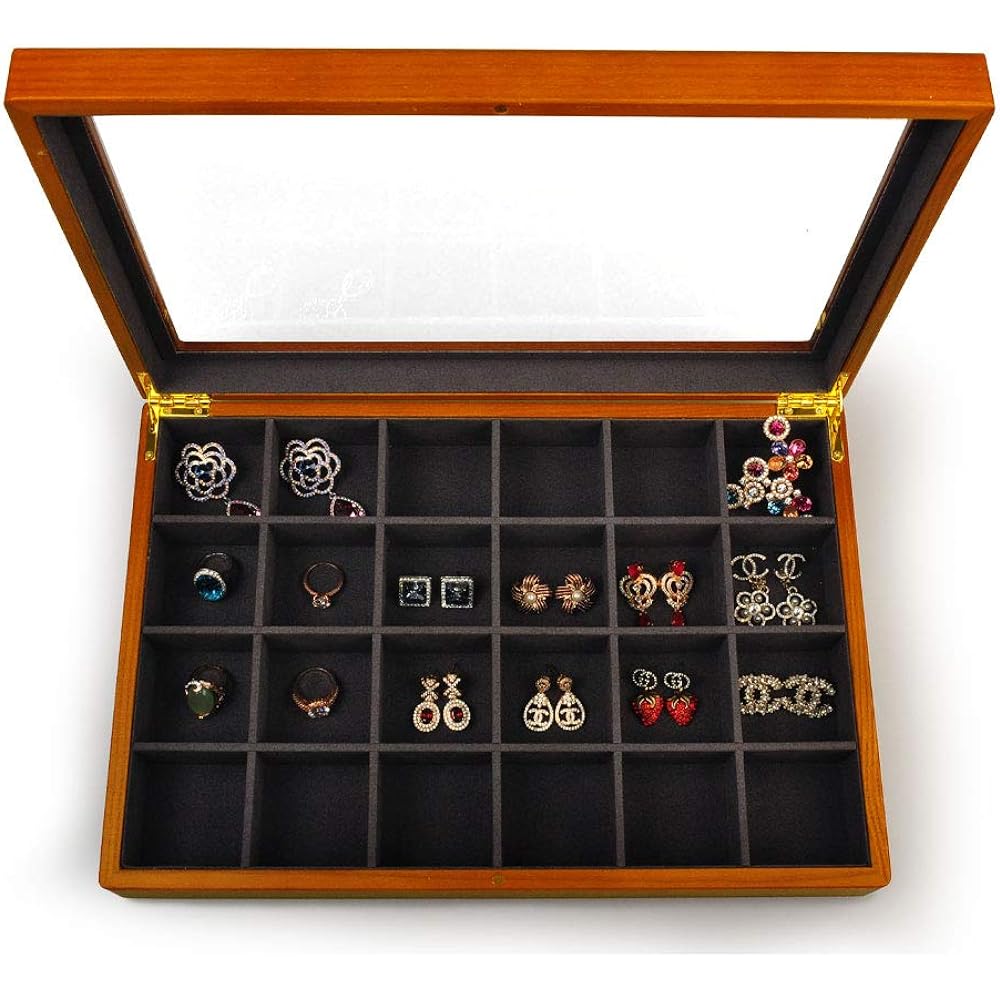 Oirlv Jewelry Tray with Lid Wooden 24 Compartment Accessory Case Large Capacity Display Storage Jewelry Box X02406 (Dark Gray)