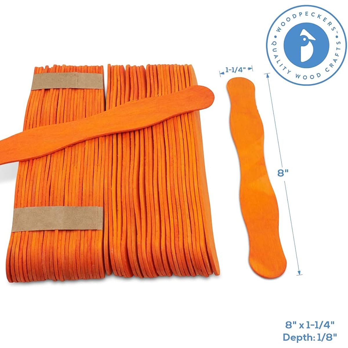 Woodpeckers Wooden Orange 8" Fan Handle Wedding Program Paint Mix 300 Pack Jumbo Craft Popsicle Sticks for Auction Bidding Paddles Wood Wavy Flat Stems DIY Craft Supplies Kit