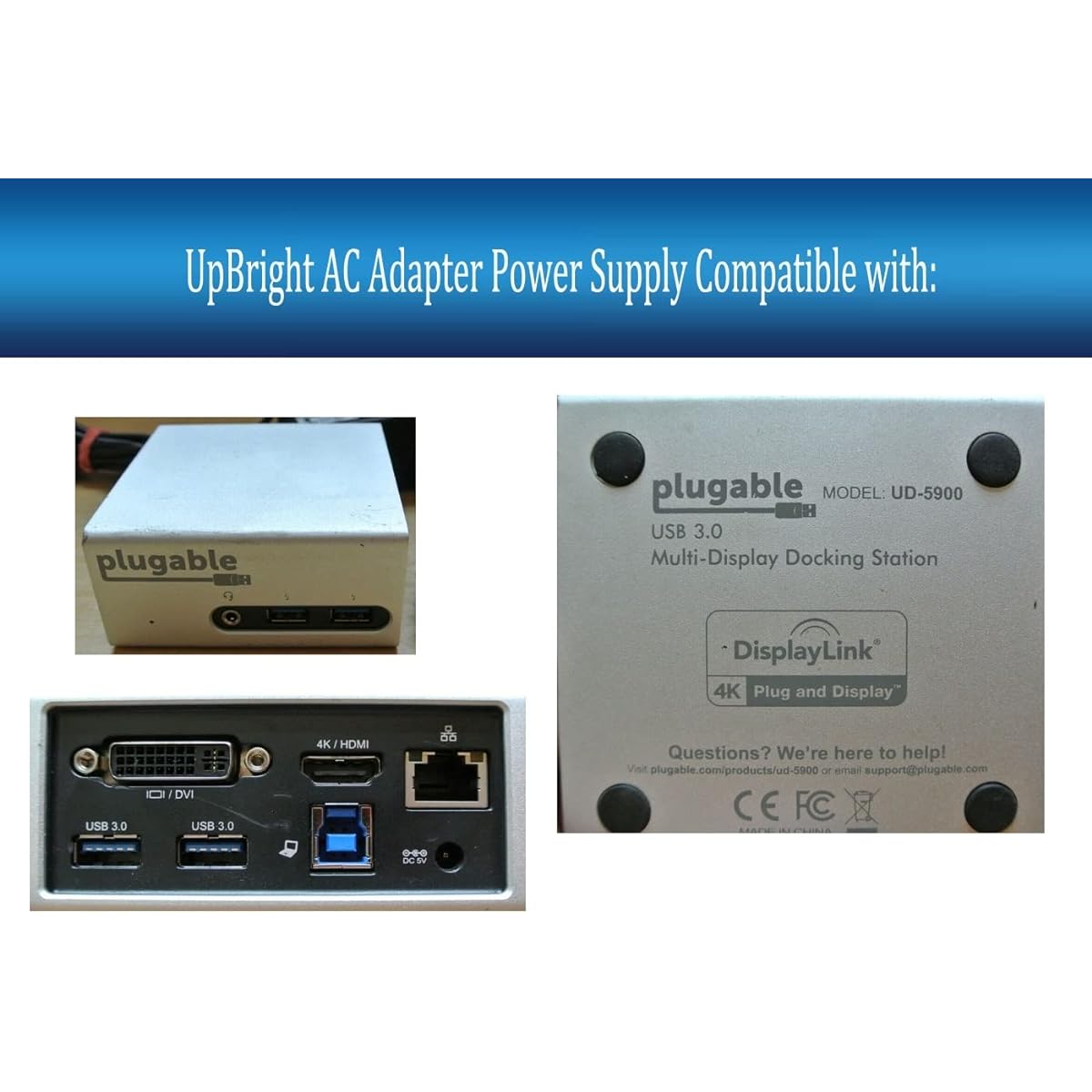 UpBright 5V AC/DC Adapter Pluggable UD-3000 UD-3900 UD-5900 UD3000 UD3900 UD5900 Pro 8 UD-PRO8 USB3.0 Dual Monitor Video Docking Station USB 2.0 10 Port Hub 5VDC 4A Power Charger