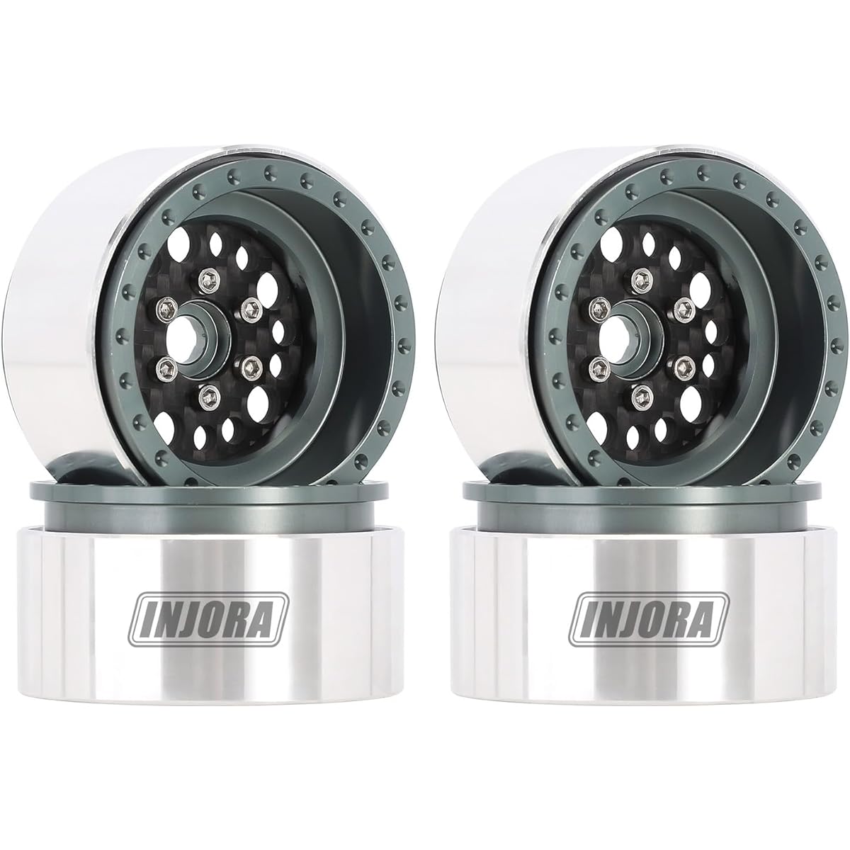 INJORA 1.9" Beadlock Wheel Rim - Offset - 10mm Deep Dish Carbon Fiber Aluminum Wheel for 1/10 RC Crawler SCX10 TRX4 VS4-10 Gen8 (Grey)
