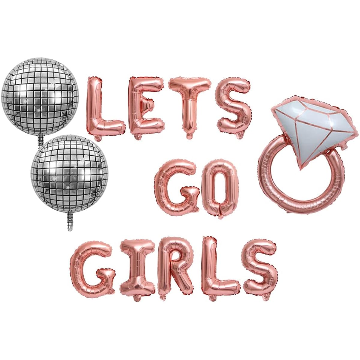 KUNGOON Lets Go Girls Foil Banner Balloons 16 Inch Rose Gold Letter Balloons Disco Balloons Bachelorette Party Decorations Funny Nashville Bridal Shower Balloons with Ring Disco Balloons