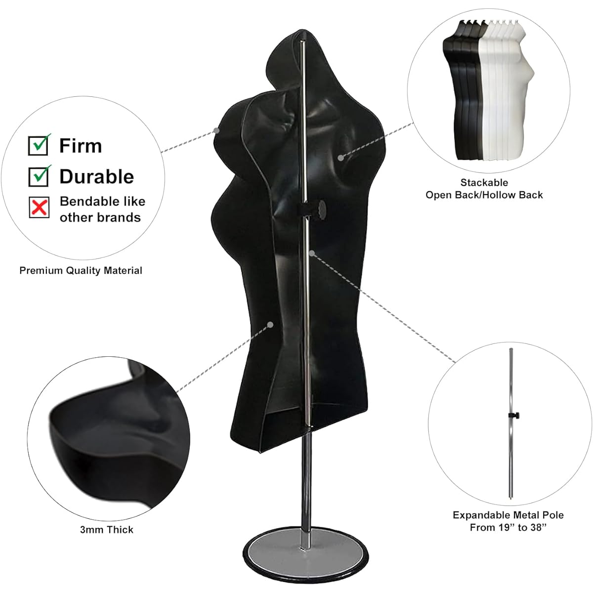 Women's Mannequin Torso with Stand Dress Form T-Shirt Display Countertop Hollow Back Body S-M Clothing Size (Black) Pack of 5