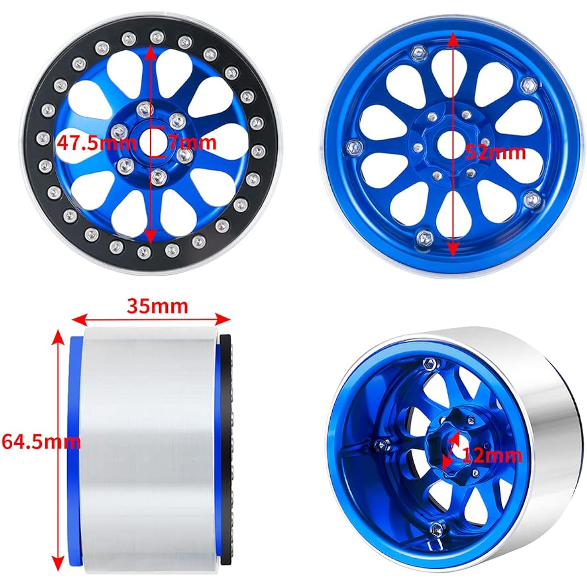 RCLIONS 2.2" Beadlock Wheels 35mm RC Aluminum Rims for AXIAL Wraith RR10 90048/90018 TRX4 1/10th RC Crawler Truck Car 4pcs (Blue)