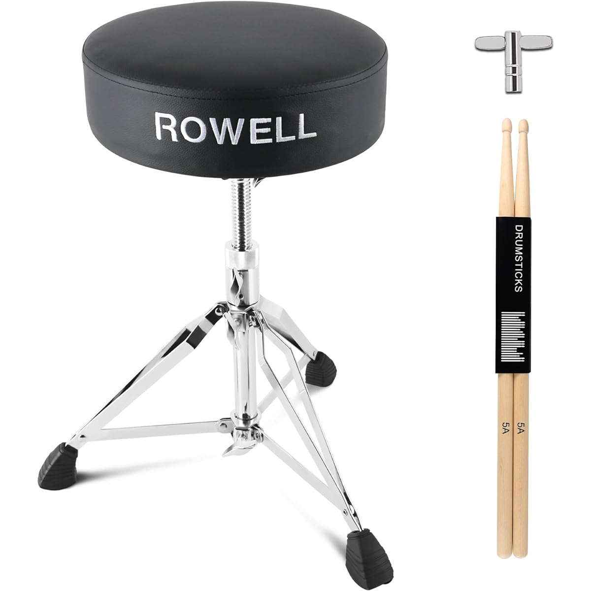ROWELL Drum Throne Height Adjustable Drum Throne Seat Drum Stool Thick Padded Double Support Anti-Slip Drum Seat Suitable for Adults and Drummers with Drum Sticks and Drum Key (Black)