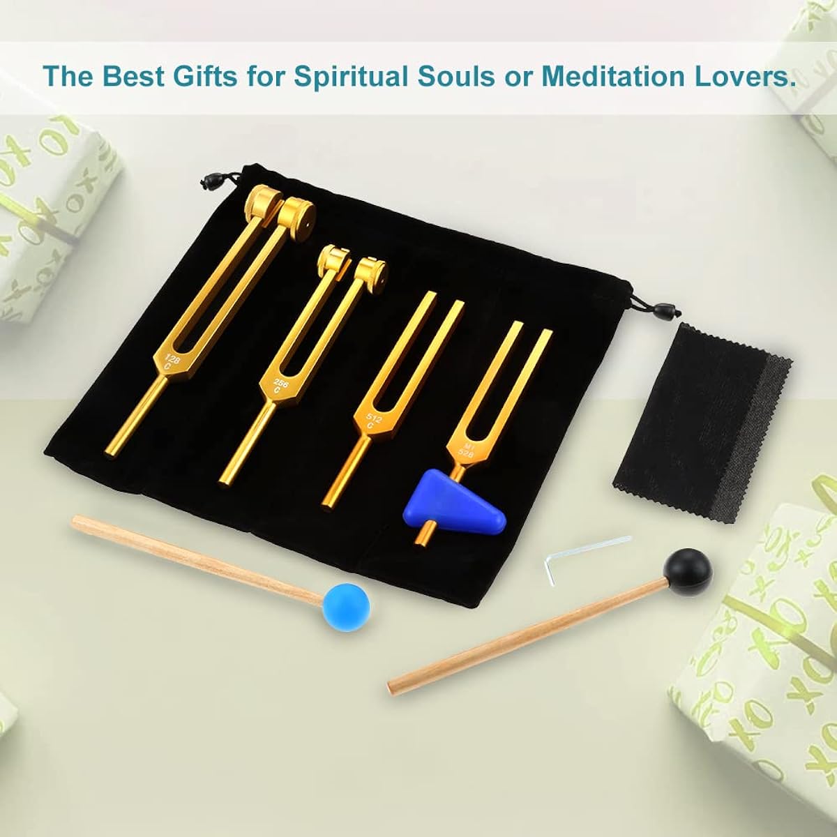 ETERMETA Tuning Fork Set (128Hz, 256Hz, 512Hz, MI528) Tuning Fork Chakra DNA Repair Healing, Sound Healing, Hammer, Triangular Silica Gel, Storage Bag, Cleaning Cloth (Gold) 4 Pack