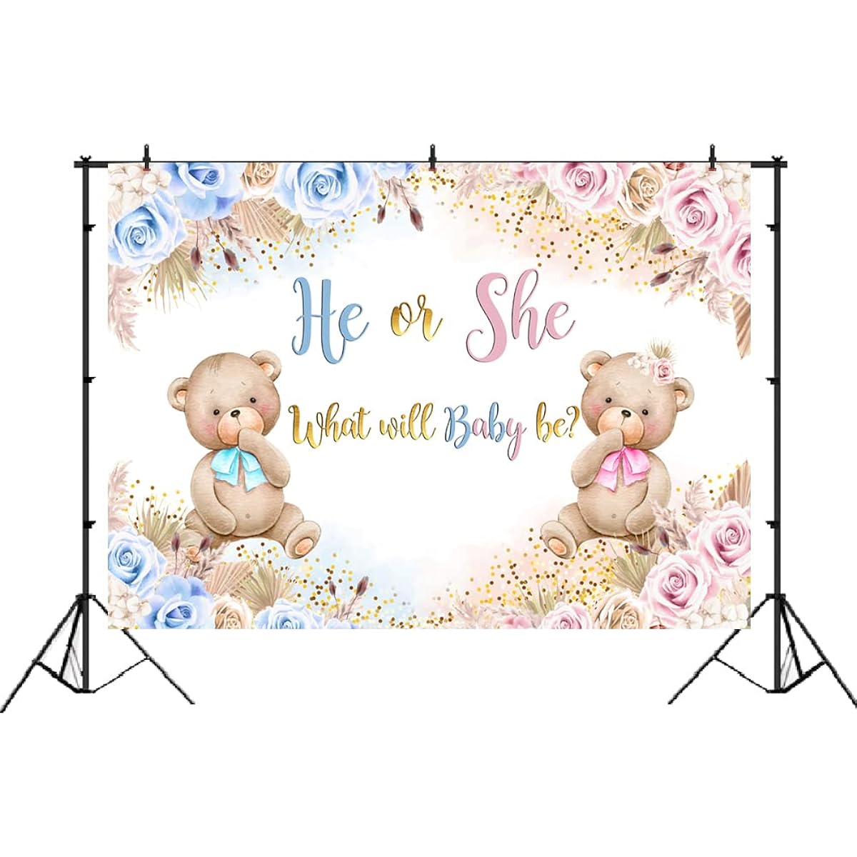 Lofaris Boho Bear Gender Reveal Backdrop for Him or Her Pampas Grass Flowers Bohemian Background for Boy or Girl Baby Shower Party Supplies Cake Table Banner 7x5ft