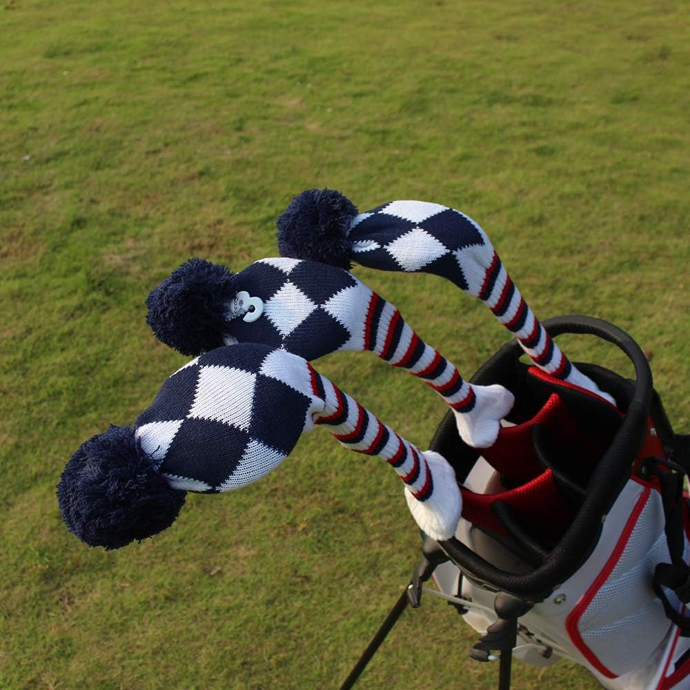 Golf knit cover, head cover, club cover, 3-piece set (1 3 5), long neck for drivers, fairway wood, wood cover for 460cc, number 3, number 5, sock type, easy to put on and take off, washable, cute number pendant included