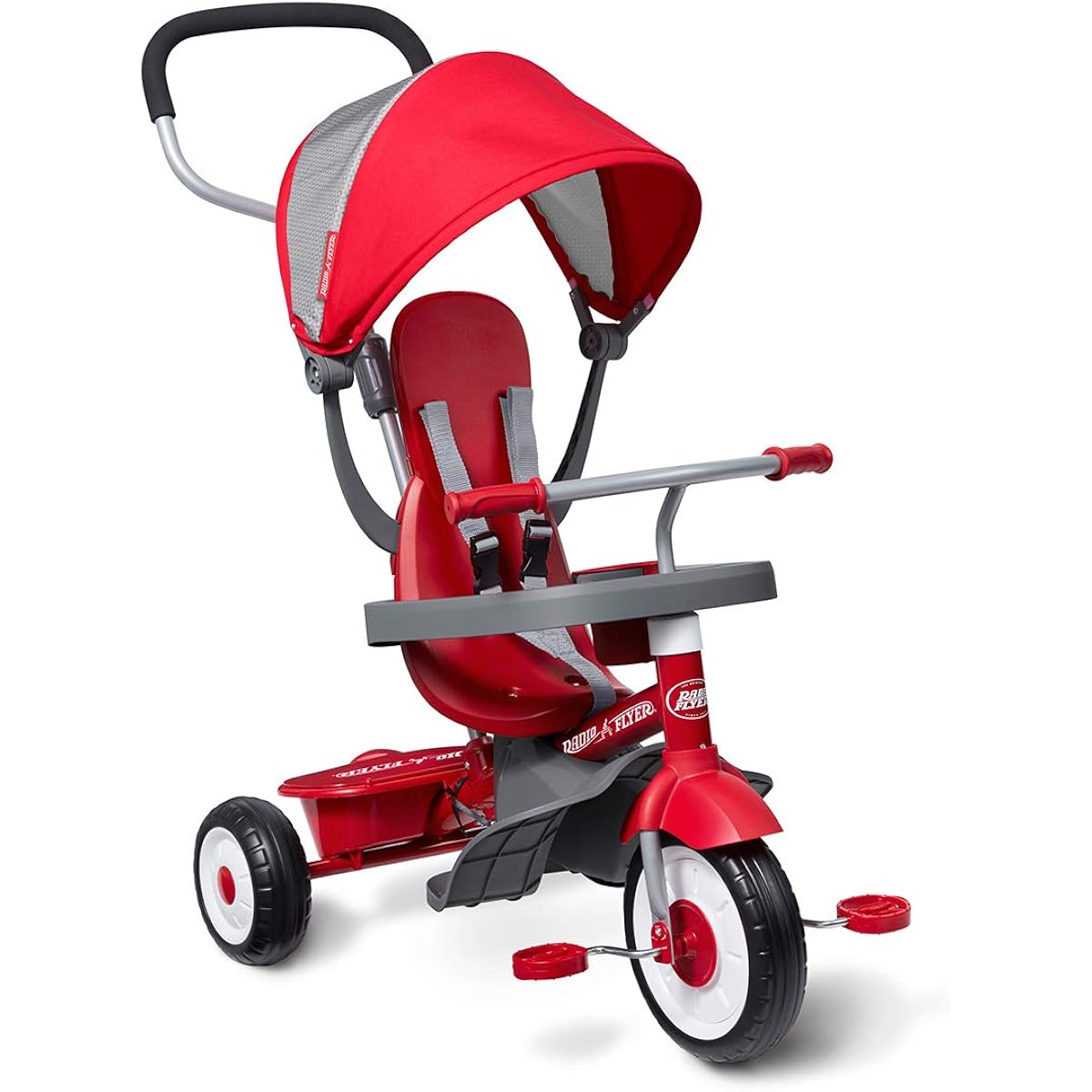 Radio Flyer 4-in-1 Stroll 'N Trike 481A 4WAY Tricycle with Handle, Rear Storage, Removable Parts, Sunshade Cover