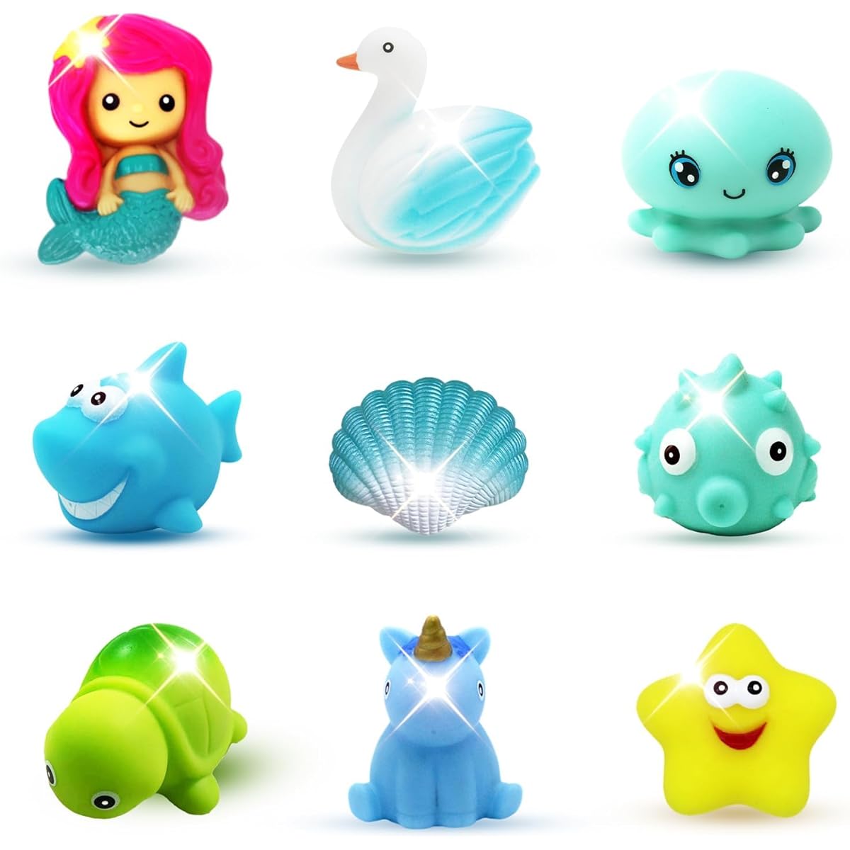 Kimiangel 9pcs Light Up Bath Toy Toddler Flashing Colorful Bathtub Mermaid Toy Baby Bath Time Floating Rubber Shower Toy for Toddler Baby Kids Boys Girls Birthday Valentine Gift Swimming Pool Party
