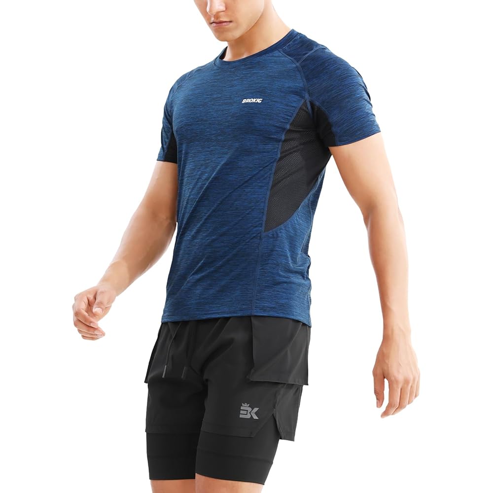 [BROKIG] Training Short Sleeve T-Shirt, Men's [Breathable, Sweat Absorbent, Quick Drying, Cool Feeling] Gym T-Shirt, Mesh Sports Shirt, Training Wear, Fitness, Stretch, Muscle Training Shirt