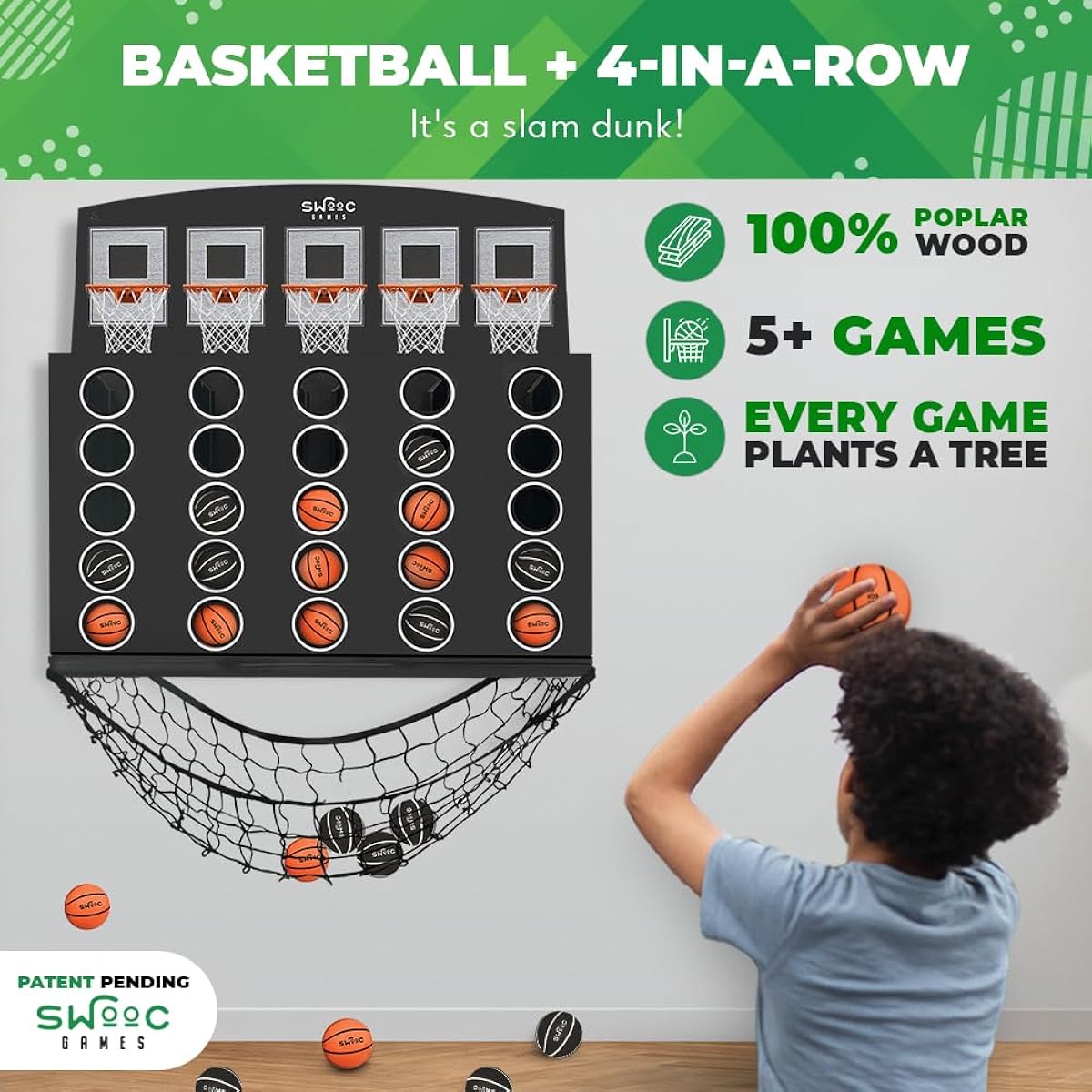 SWOOC Games - Low Post Lineup | Wall Mounted Giant Basketball 4" with 5+ Games | Basketball Hoop for Room Wall Games | Game Room Games | Mini Basketball Hoop Indoor Connect | 4 in a Row Game