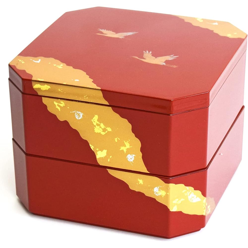 Maeju lacquerware, double box, 2 tiers, 2 tiers, bright vermilion, red, crane, phlogopite, osechi, 17.5cm, square, traditional craft, Yamanaka lacquerware, made in Japan 6R-514