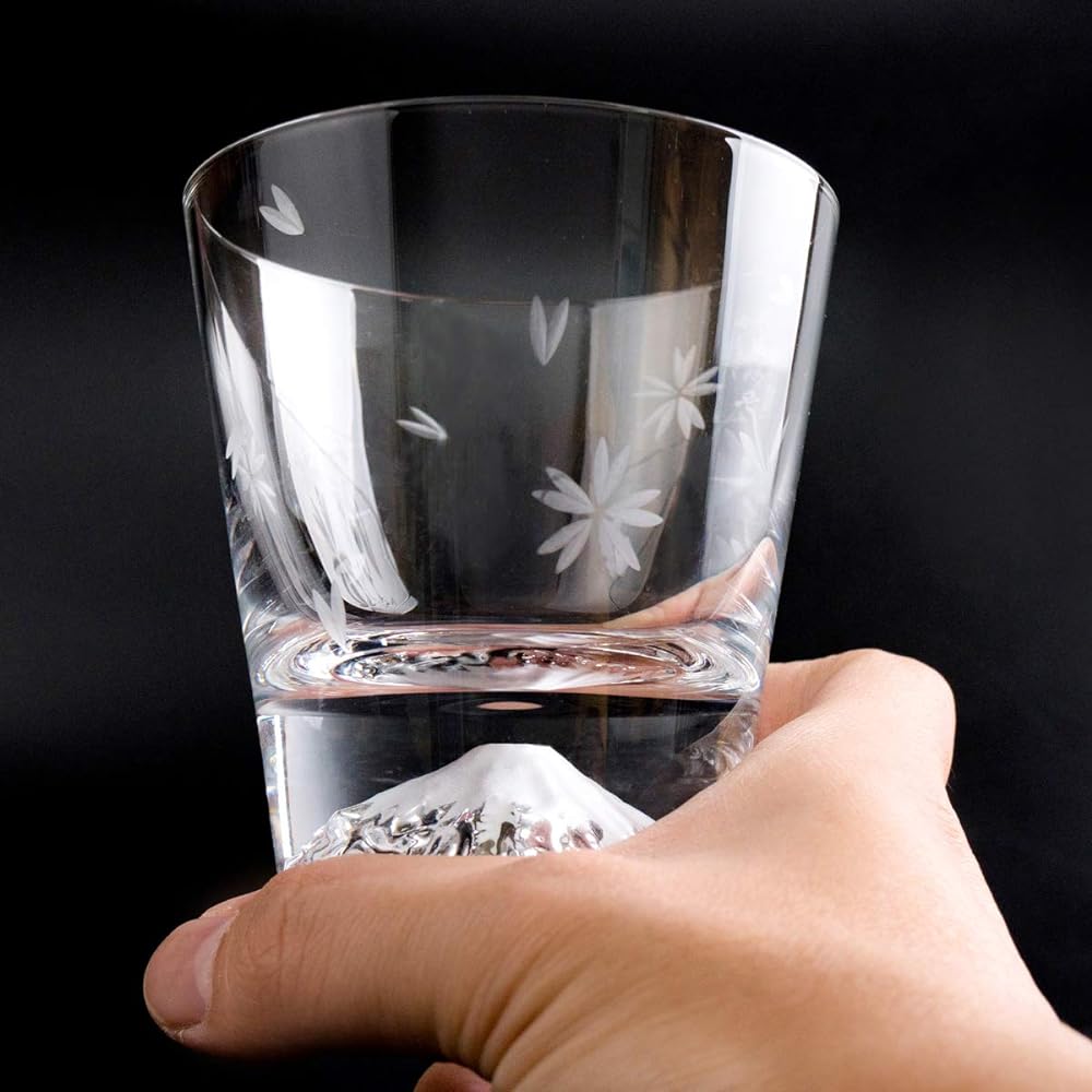 [Mt. Fuji Glass] [Tajima Glass] Mt. Fuji Glass Mt. Fuji Rock Glass (Plain) x Sakura Fuji Rock Glass Pair Set TG15-015-R TG16-015-RS Set of 2 Edo Glass Mt. Fuji Cherry Blossom Whiskey Glass Thirty-Six Views of Mt. Fuji Postcard With
