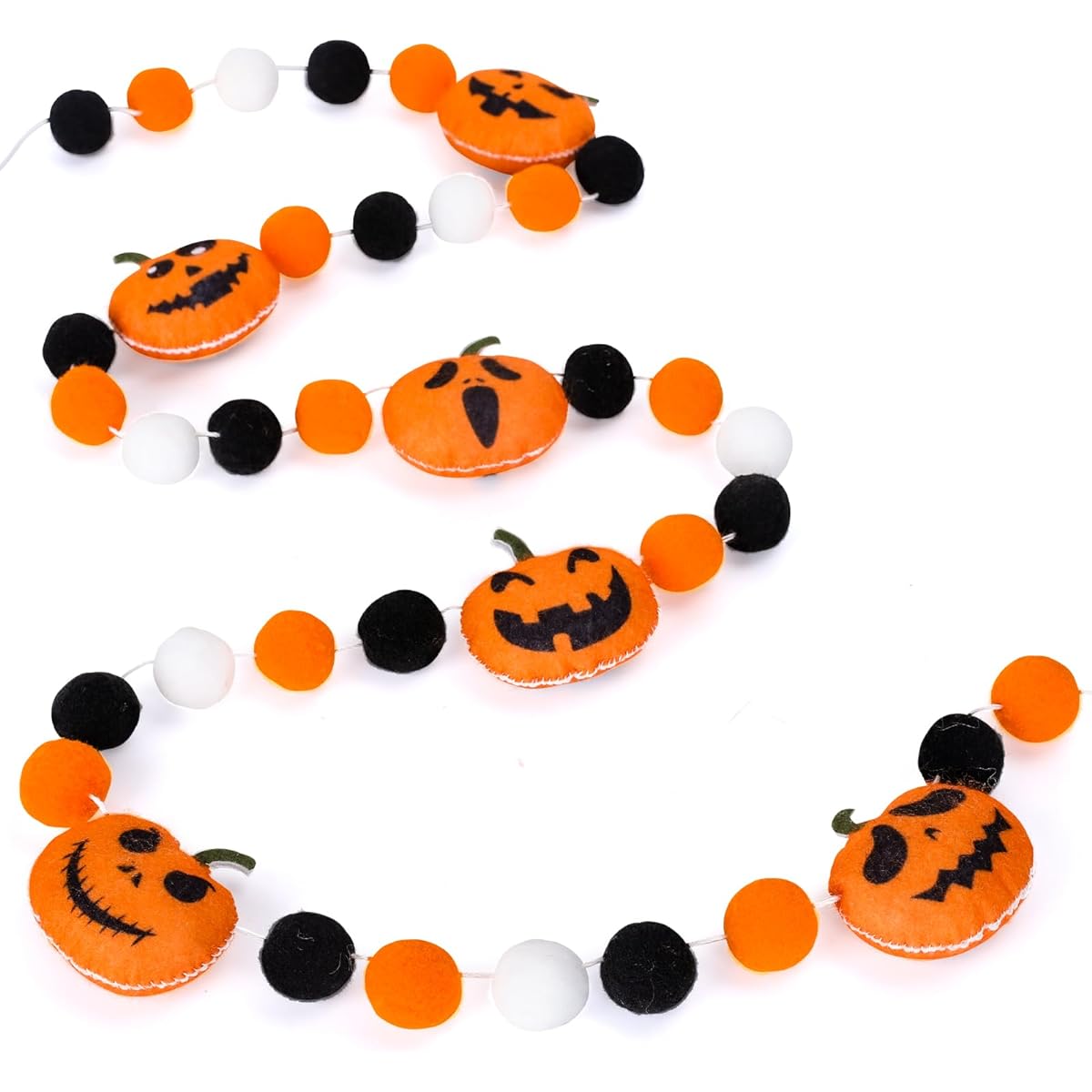Whaline 8.2ft Halloween Felt Pom Poms Garland Different Expressions Cute Pumpkins Hanging Banner Orange White Black Pom Pom Balls Bunting Banner for Halloween Home Mantel Wall Window Decoration Party Supplies