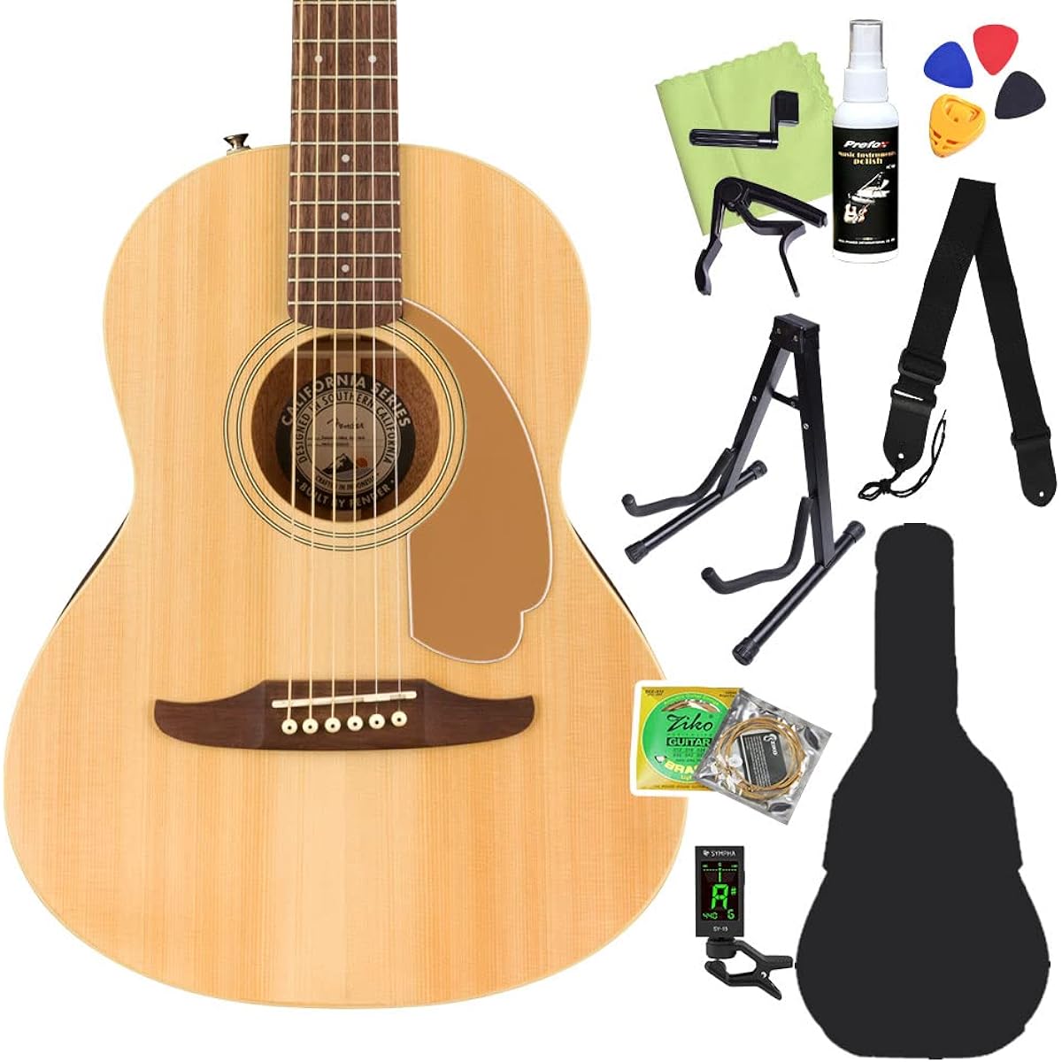 Fender Sonoran Mini Natural Acoustic Guitar Beginner 12-Piece Set Mini Guitar Travel Guitar Natural Fender