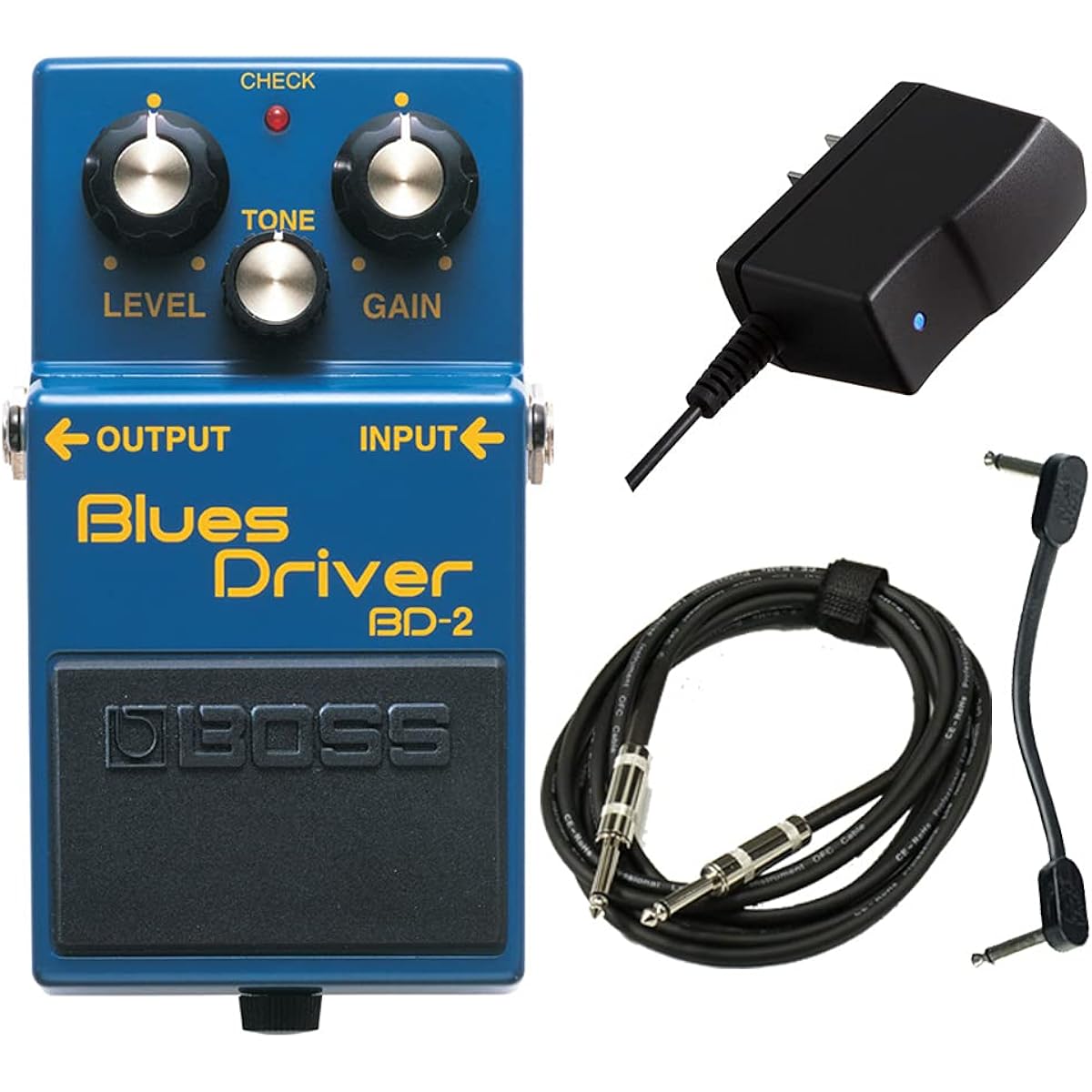 BOSS/BD-2 Blues Driver AC safe start set - Genuine AC adapter PSA100S2, guitar cable, patch cable -