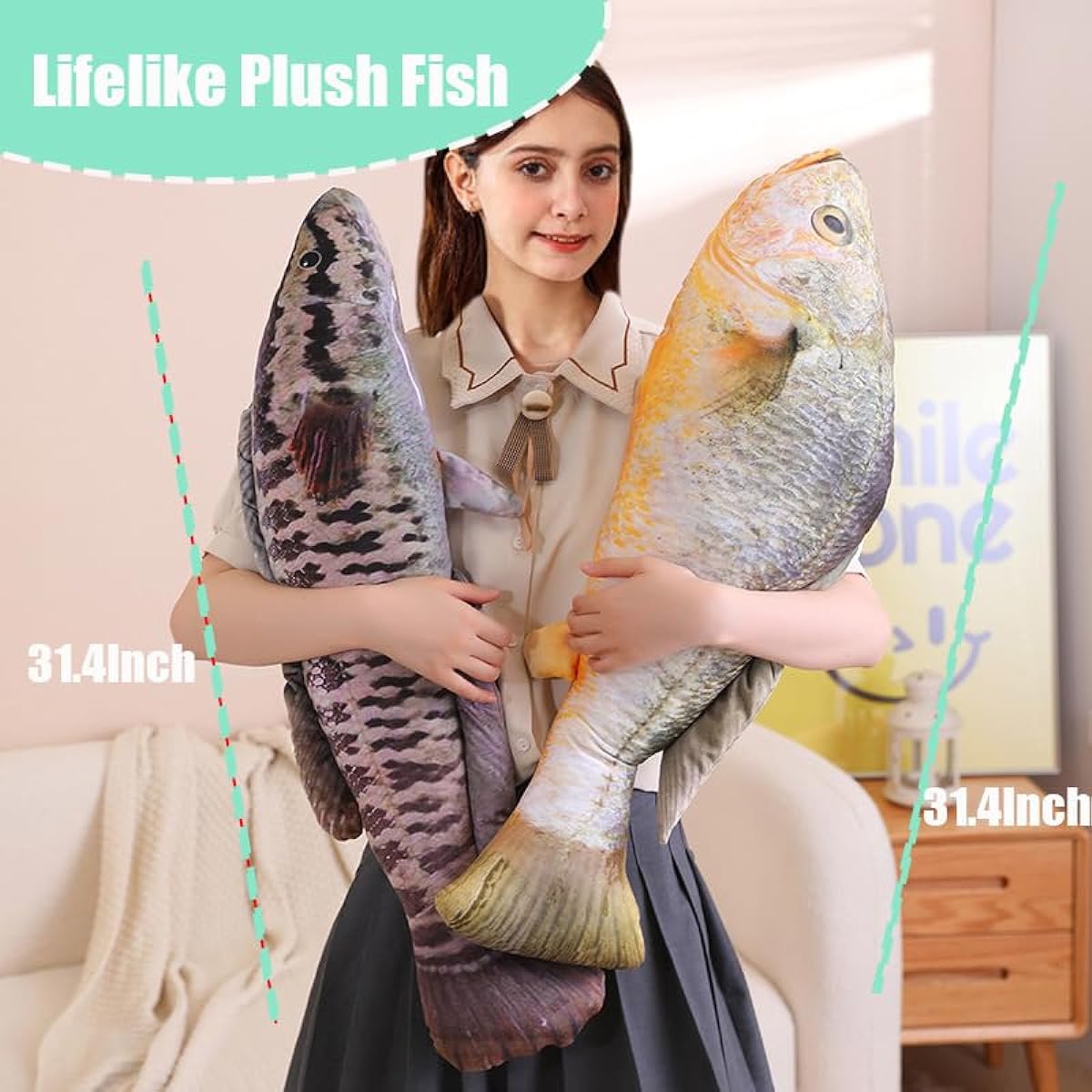 ELAINREN 3D Lifelike Fish Shape Plush Toy Cushion Soft Big Carp Plush Toy Cushion 80cm Giant Simulation Goldfish Stuffed Toy Decorative Pillow Creative Gift