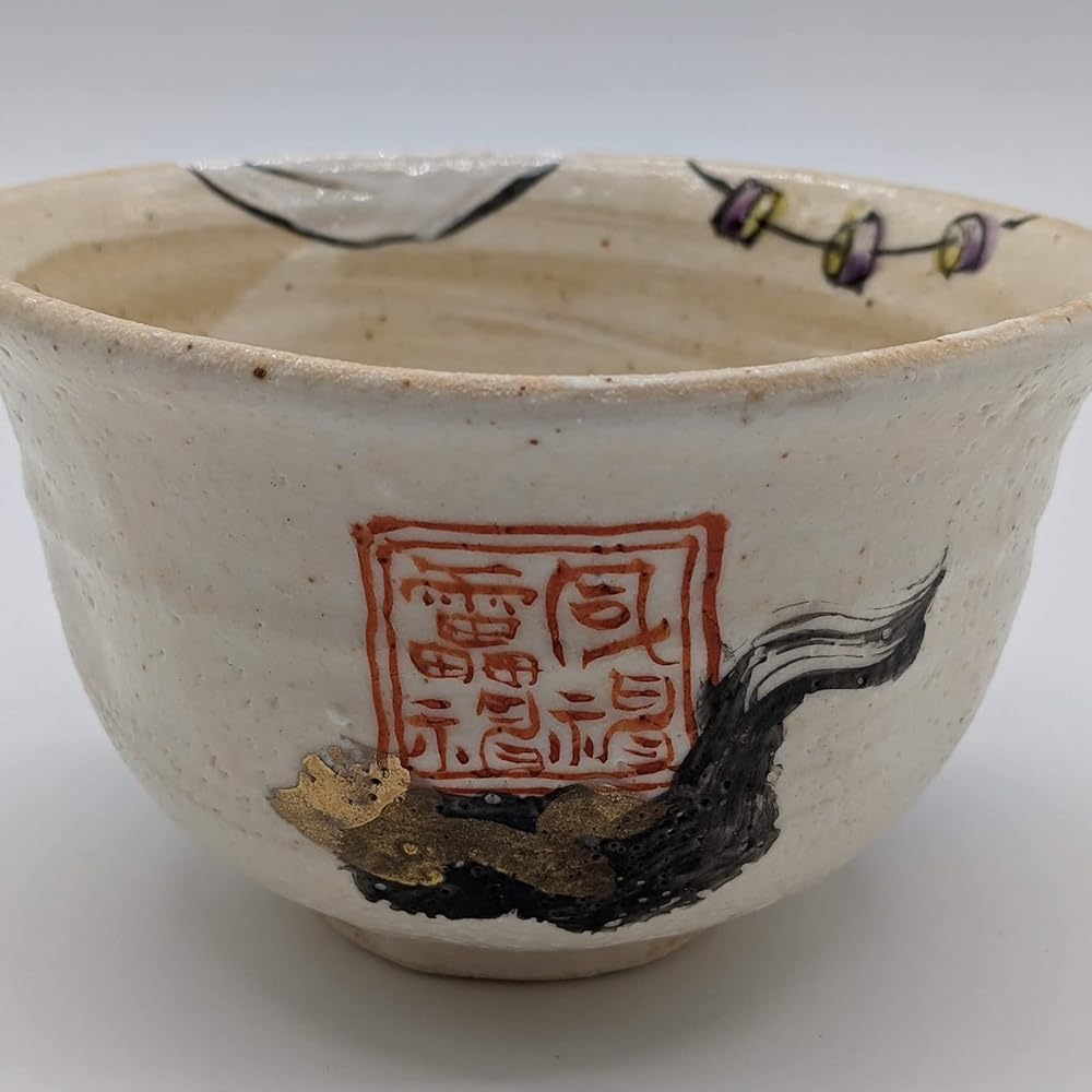 Mino Ware Wada Hitori Matcha Bowl Tea Cup Approx. 13cm Fujin Raijin Made in Japan 105-0013