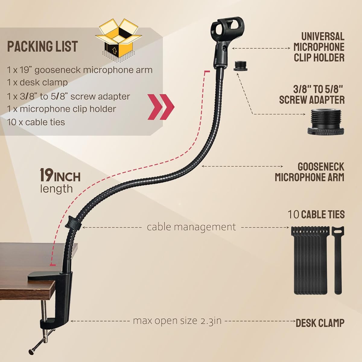 Angksorm 19" Flexible Gooseneck Microphone Stand with Desk Clamp for Podcasting Streaming Radio Broadcasting Studio