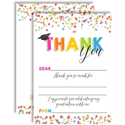 AmandaCreation Star Confetti Graduation Theme Thank You Notes - 10 4 x 5.5 Inch Blank Cards with 10 White Envelopes
