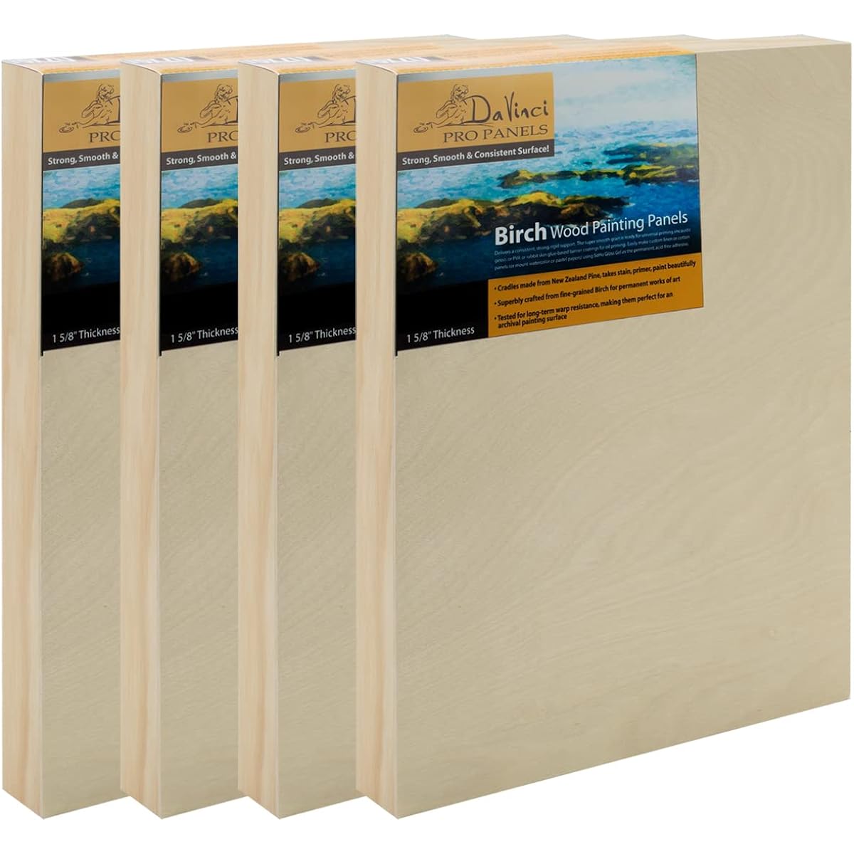 Davinci Pro Birch Wood Painting Panels - 14x18 Wood Panels - 4 Pack 1-5/8" Deep Grained Professional Wood Panels for Painting Students, Classrooms, Studios, Acrylics and More