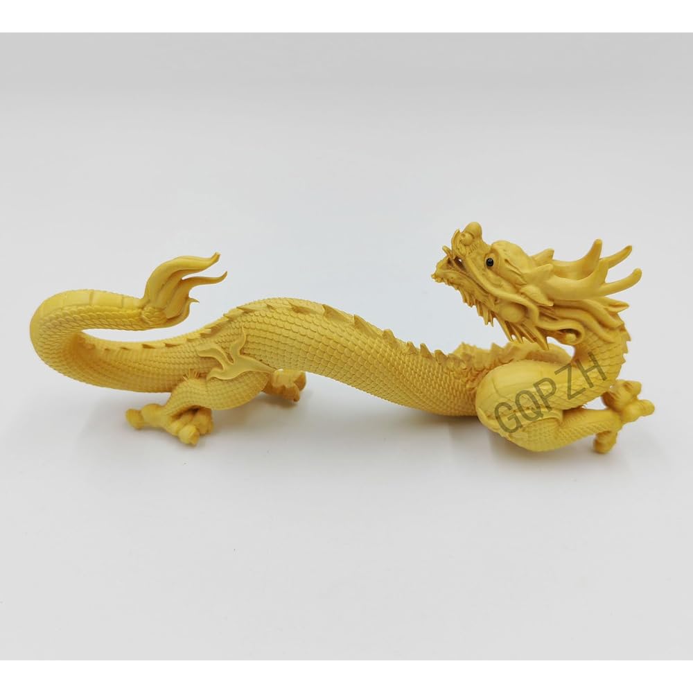 Wood Carving Dragon Figurine 16cm Tsuge Tree Lucky Charm Zodiac Feng Shui Good Luck