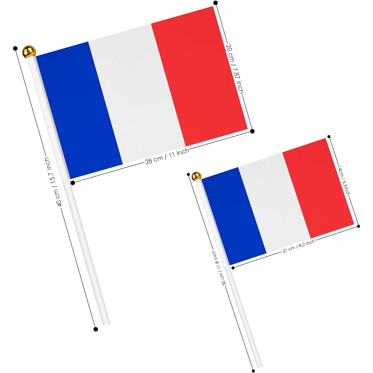 AhfuLife France Handheld Small Flags 15/30/100pcs French Mini Flags with Sticks and 30cm White Pole for Bastille Day World Cup Football Party Decorations (14 x 21 cm-15pcs)