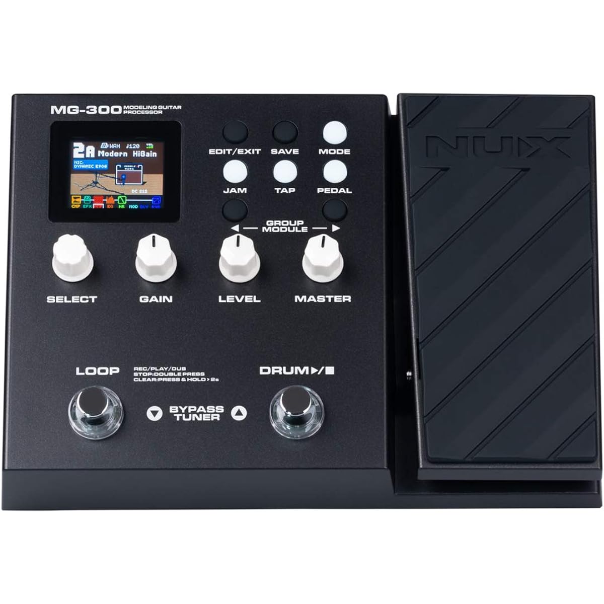 NUX MG-300 Multi-effect pedal TSAC-HD Pre-effects, amp modeling algorithms, Core Image post-effects, IR, 56 drum beats, 60-second phrase loops