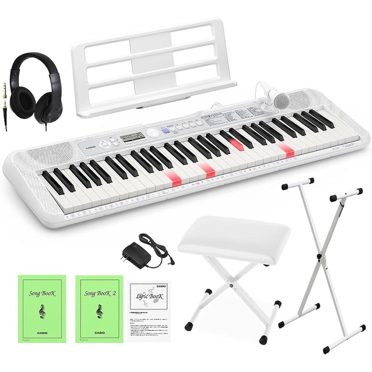 CASIO LK-330 Optical Navigation Keyboard 61 Keys White Stand, White Chair, Headphone Set Casio