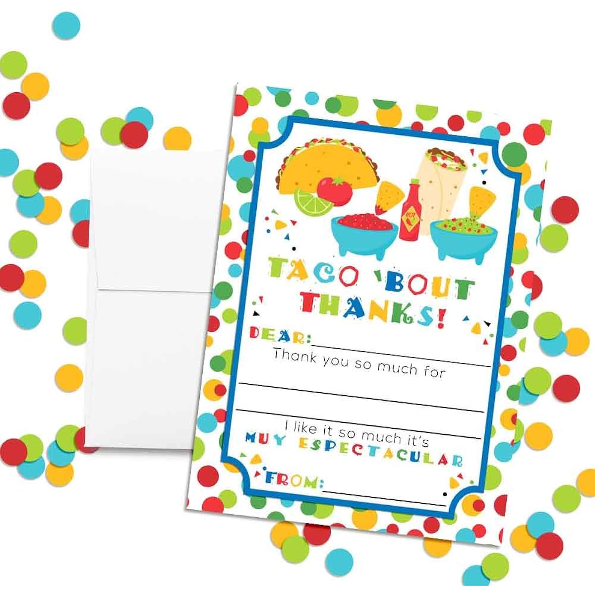 AmandaCreation Taco Bout a Party Mexican Fiesta Thank You Notes for Kids, 4" x 5.5", Pack of 10 Blank Cards with 10 White Envelopes