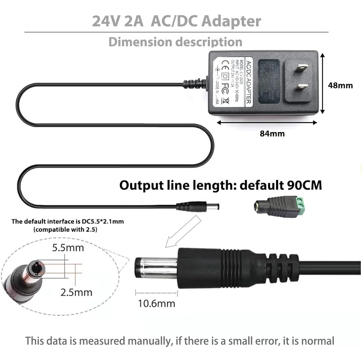 Arotelicht 24V 2A Power Adapter 48W US Plug, Converter AC to DC 24V Transformer AC 100-240V Jack 5.5mm x 2.5mm for SMD 3528 5050 RGB LED Strip Light, Wireless Router