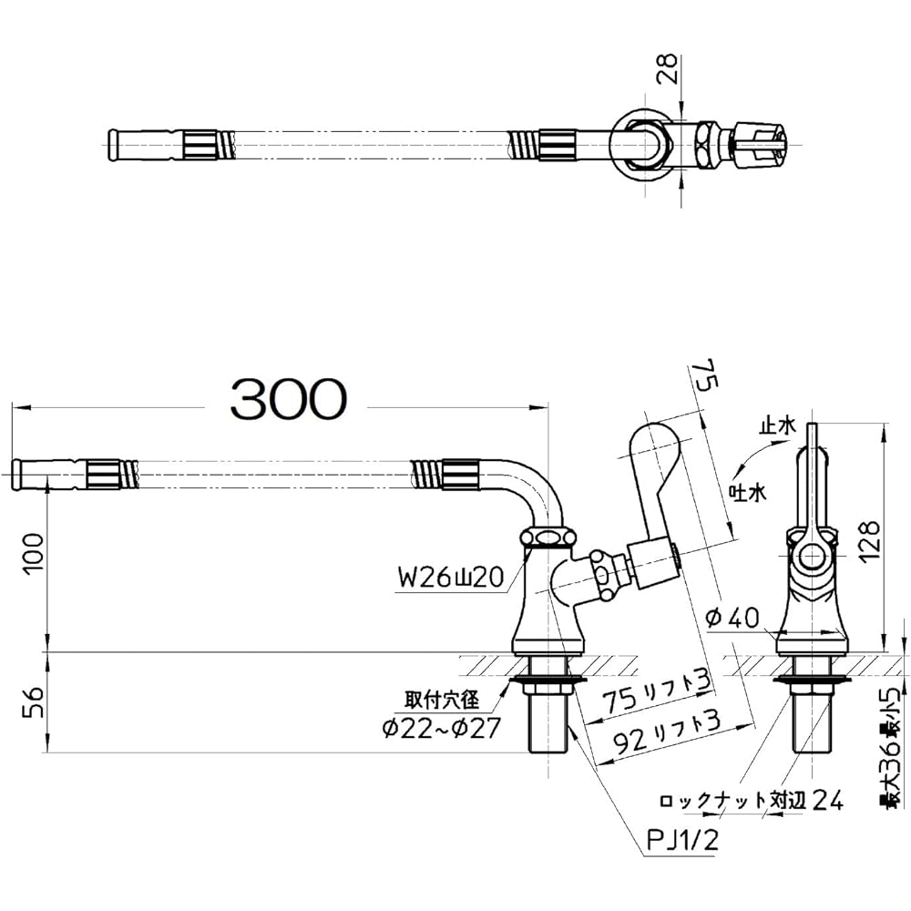 SANEI Vertical Flexible Faucet for Kitchen, Common Type, Pipe Length 300mm, Mounting Hole Diameter 23-27mm A5380A3-13