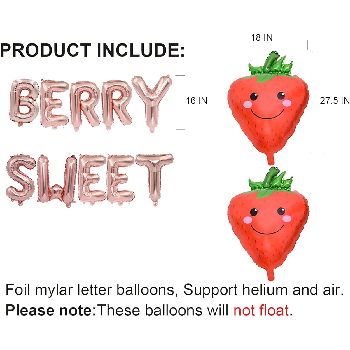 Berry Sweet Balloons Sweet Berry Theme 1st 2nd Birthday Party Supplies Rose Gold Strawberry Banner for Strawberry Baby Shower Strawberry Birthday Decorations (16 inch)
