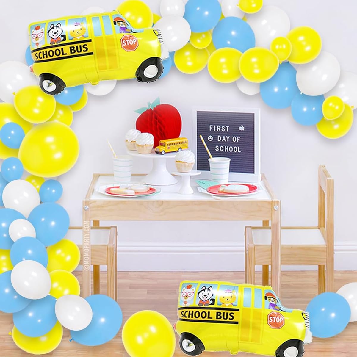 HappyField School Bus Party Decorations, School Bus Balloons, Blue, Yellow, White, Balloon Kit for Boys and Girls, Back to School Supplies, First Semester Decorations, Birthday, Baby Shower Favors