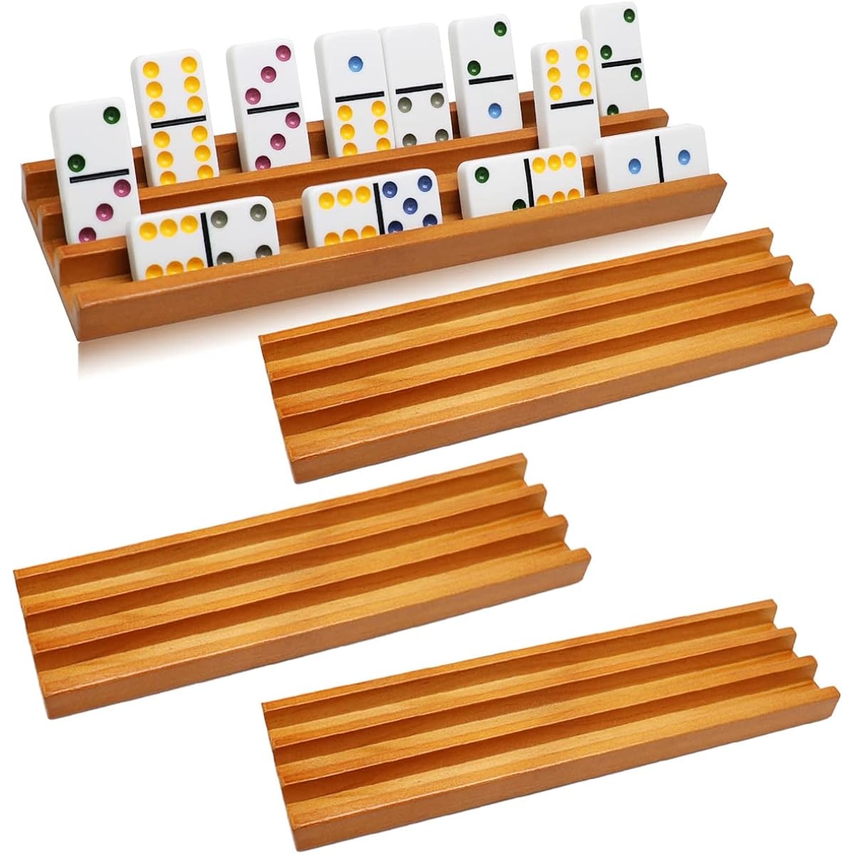 Exqline Wooden Domino Rack Tray Holder Organizer (Set of 4) - Premium Domino Tile Holder Rack for Mexican Train Domino Game - Dominos Not Included